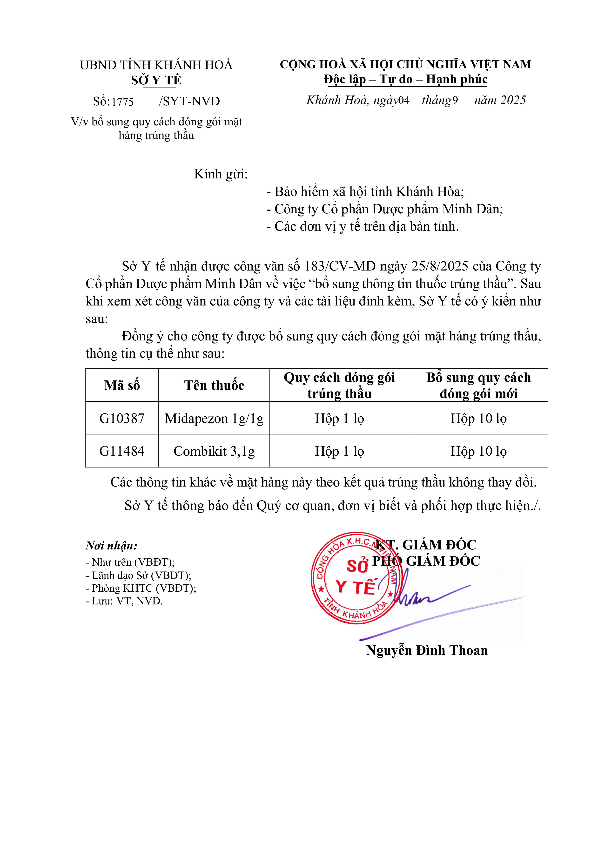 V/v bổ sung quy cách đóng gói mặt hàng trúng thầu
